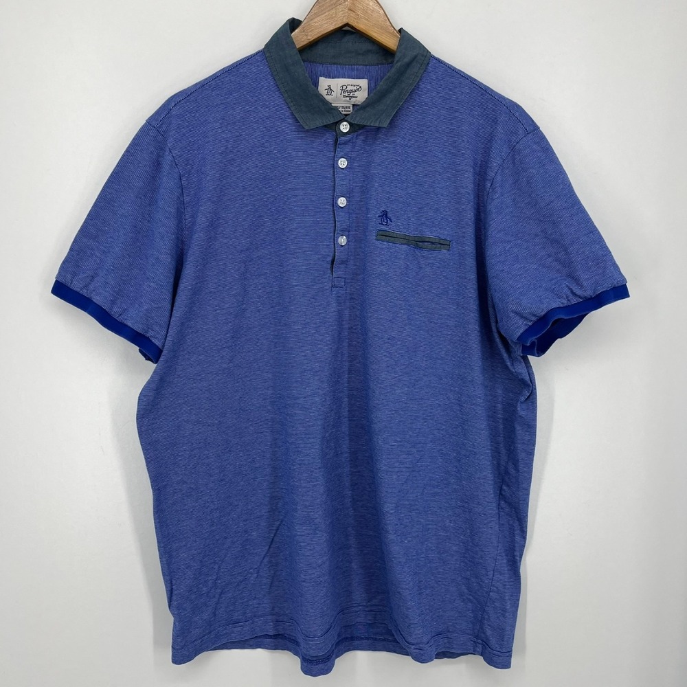 Penguin Polo Shirt Men's Size 2XL Blue Striped Pocket Logo Short Sleeve